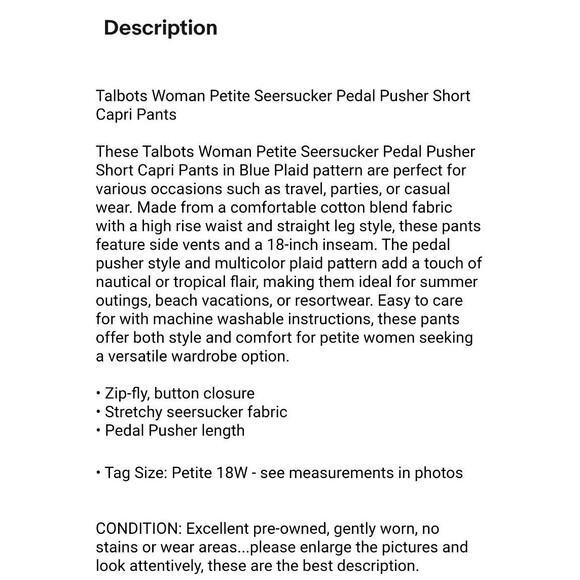 Talbots Woman Petite Seersucker Pedal Pusher Short Capri Pants 18W Blue Plaid - Picture 12 of 12